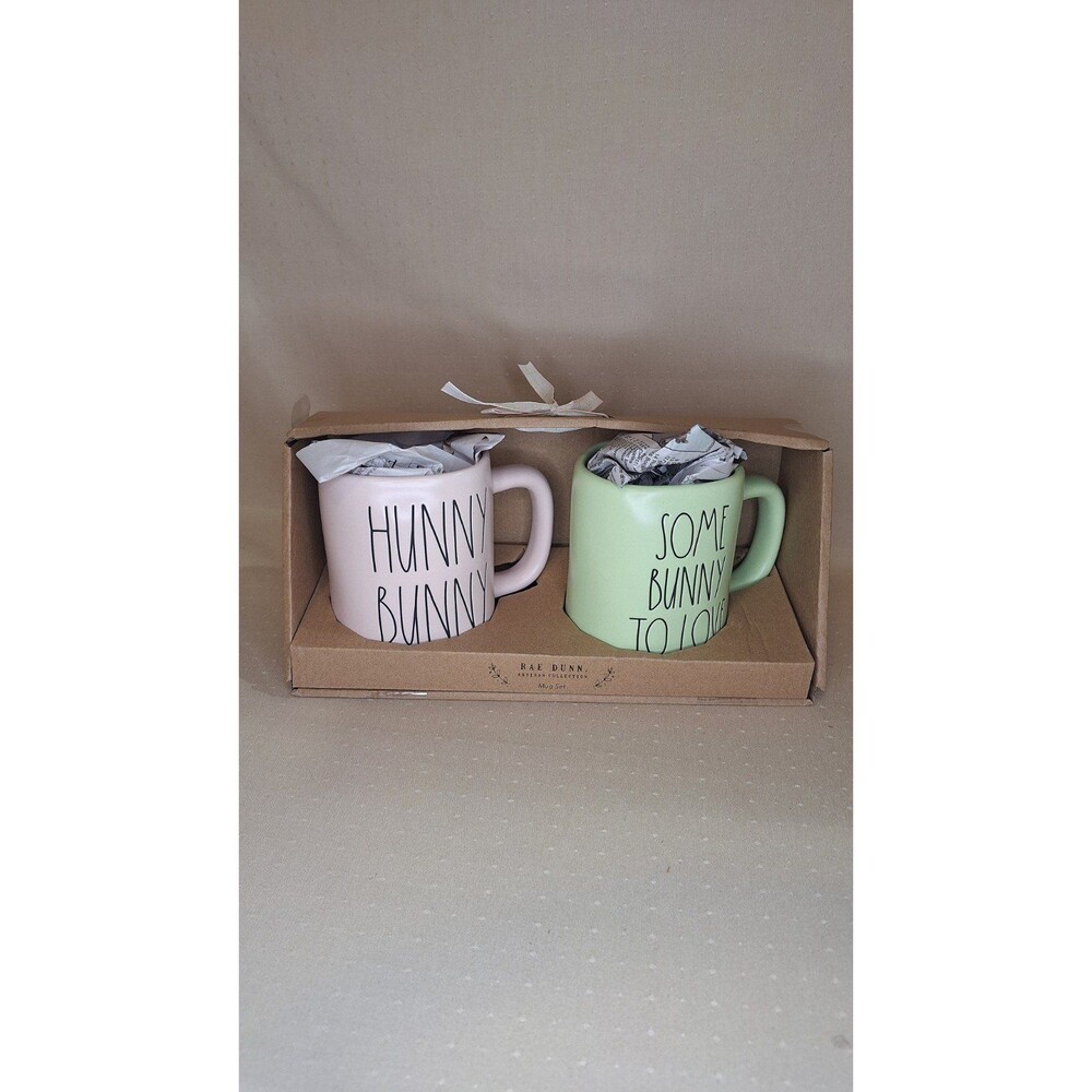 New Rae Dunn Pink Bunny Love Cellar & Some Bunny To Love Mug Set Easter Coffee